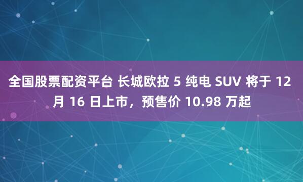 全国股票配资平台 长城欧拉 5 纯电 SUV 将于 12 月 16 日上市，预售价 10.98 万起